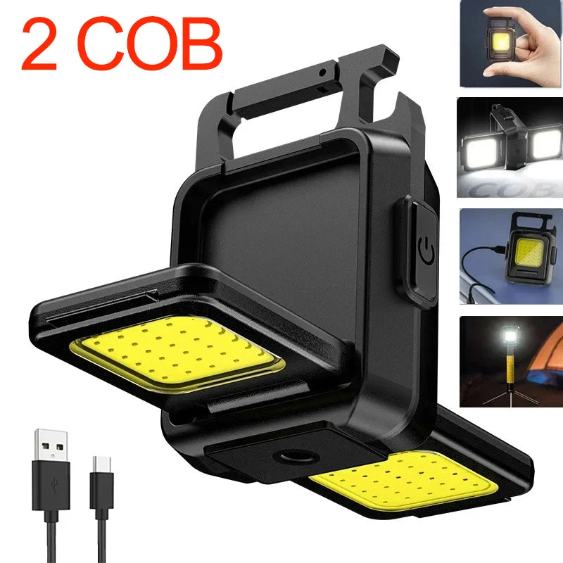 COB Work Light USB Rechargeable Lamp Flashlight Mini Keychain Light with 90° Foldable Side Lights Super Bright Portable Lanterns