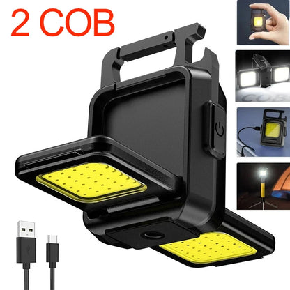 COB Work Light USB Rechargeable Lamp Flashlight Mini Keychain Light with 90° Foldable Side Lights Super Bright Portable Lanterns