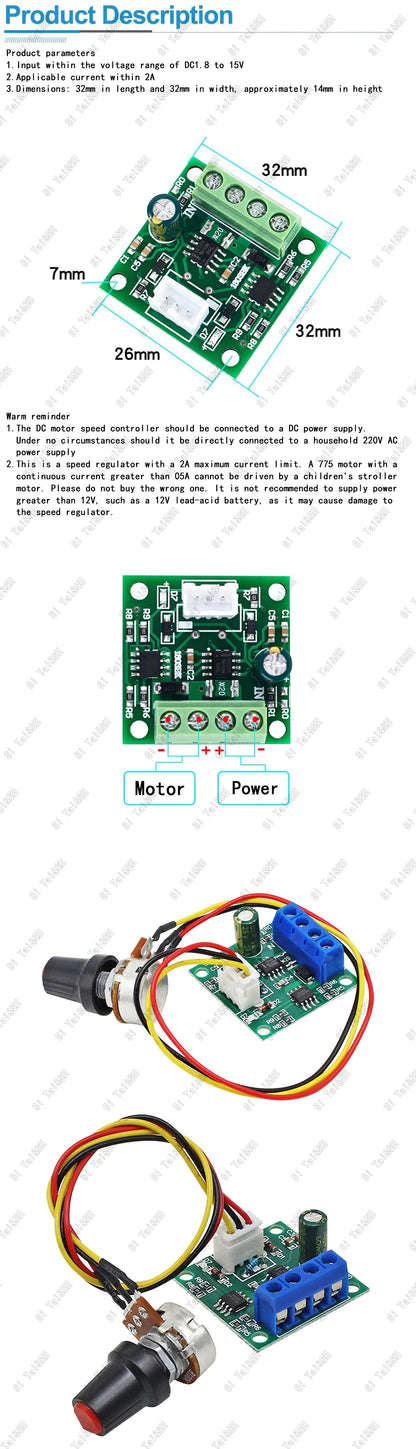 PWM DC Motor Speed Controller Module – 1.8V to 15V 2A Adjustable Motor Regulator