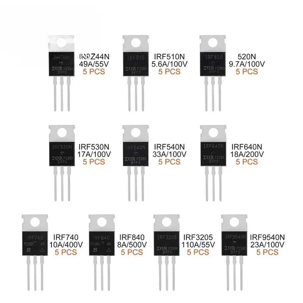 50pcs TO-220 Series MOS Transistors Kit IRFZ44N IRF510N IRF540N IRF3205 IRF9540N 55V To 500V For IRFZ44N IRF540N And IRF3205