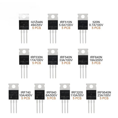 50pcs TO-220 Series MOS Transistors Kit IRFZ44N IRF510N IRF540N IRF3205 IRF9540N 55V To 500V For IRFZ44N IRF540N And IRF3205