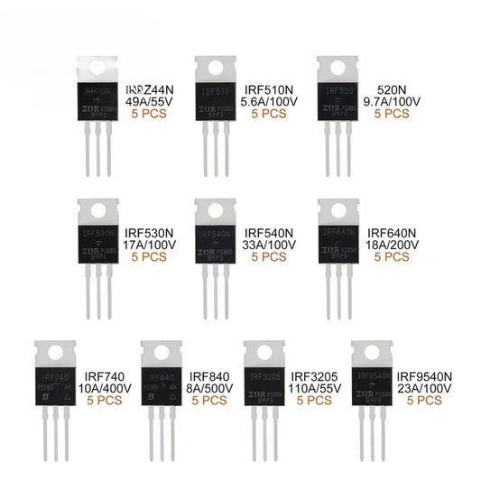 50pcs TO-220 Series MOS Transistors Kit IRFZ44N IRF510N IRF540N IRF3205 IRF9540N 55V To 500V For IRFZ44N IRF540N And IRF3205