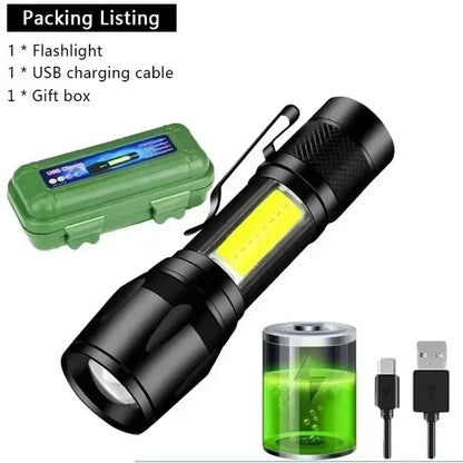 COB+XPE Mini LED Pocket Flashlight with Pen Clip Portable USB Rechargeable Torch Outdoor Zoomable Light Tactical Lantern Lamp