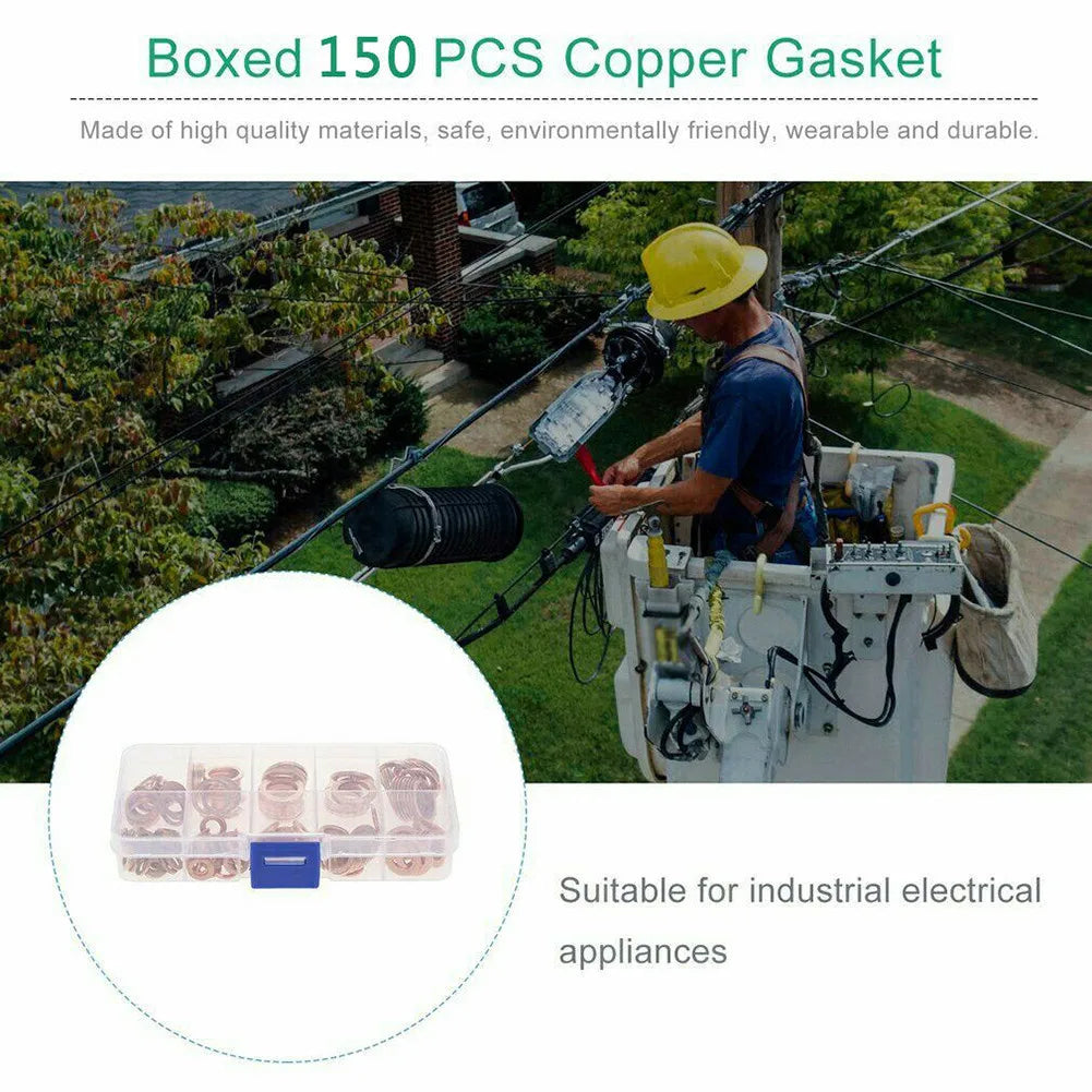 150PCS M5–M22 Copper Crush Washer Gasket Set — Flat Ring Seal Assortment Kit for Oil Pan &amp; Hydraulic Fittings