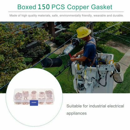 150PCS M5–M22 Copper Crush Washer Gasket Set — Flat Ring Seal Assortment Kit for Oil Pan &amp; Hydraulic Fittings