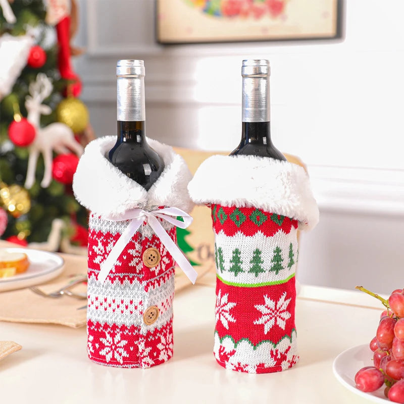 Creative Christmas Wine Bottle Cover Set Velvet Santa & Snowman Decor