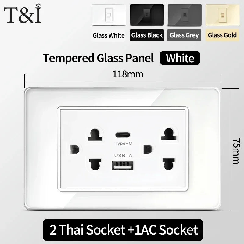 118x75mm Tempered Glass US Thai Socket Dual USB-C Ports 2 AC Outlets 110V Scratch-Resistant Panel