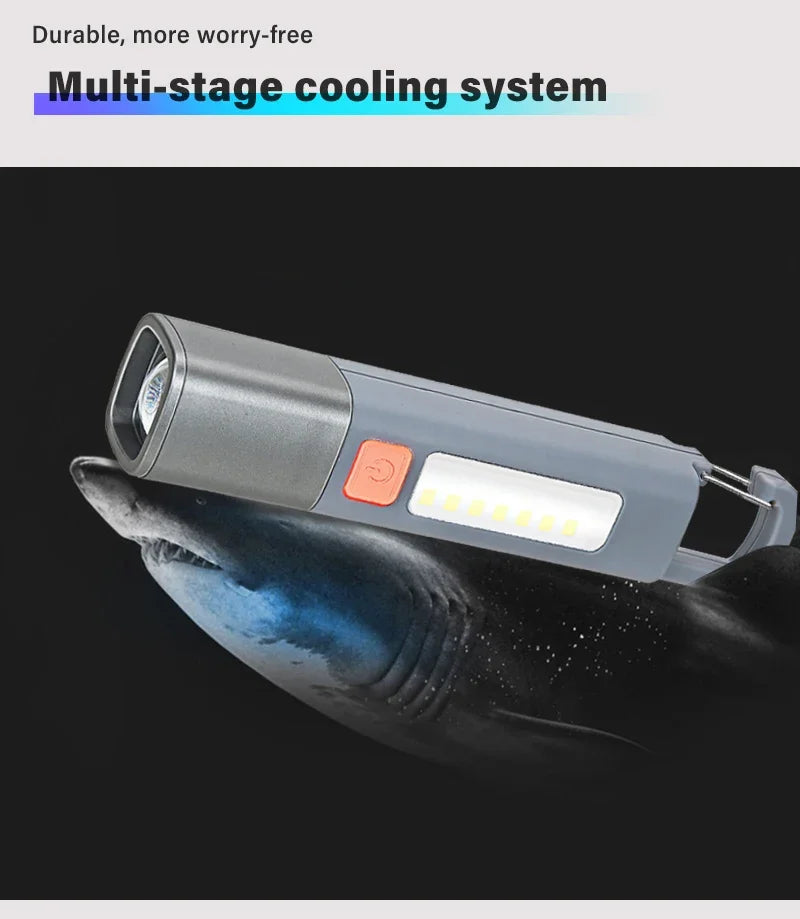 Portable Strong Light LED Zoom Flashlamp Built-in Battery USB Rechargeable with Hook Camping Hanging Lamp COB Side Lamp