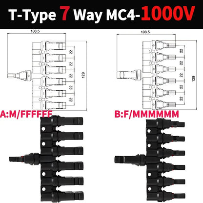 PV T Branch Photovoltaic Solar Connector 1000V 30A Male Female 1 to 2 3 4 5 6 PV Plug 2 3 4 5 6IN 1OUT Adapter