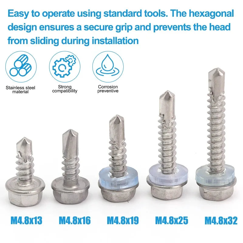 Stainless Steel Self-Tapping Hex Head Drill Tail Screws with Washers — Metal Roofing &amp; Sheet Metal Fasteners Assortment Kit 20/100pcs