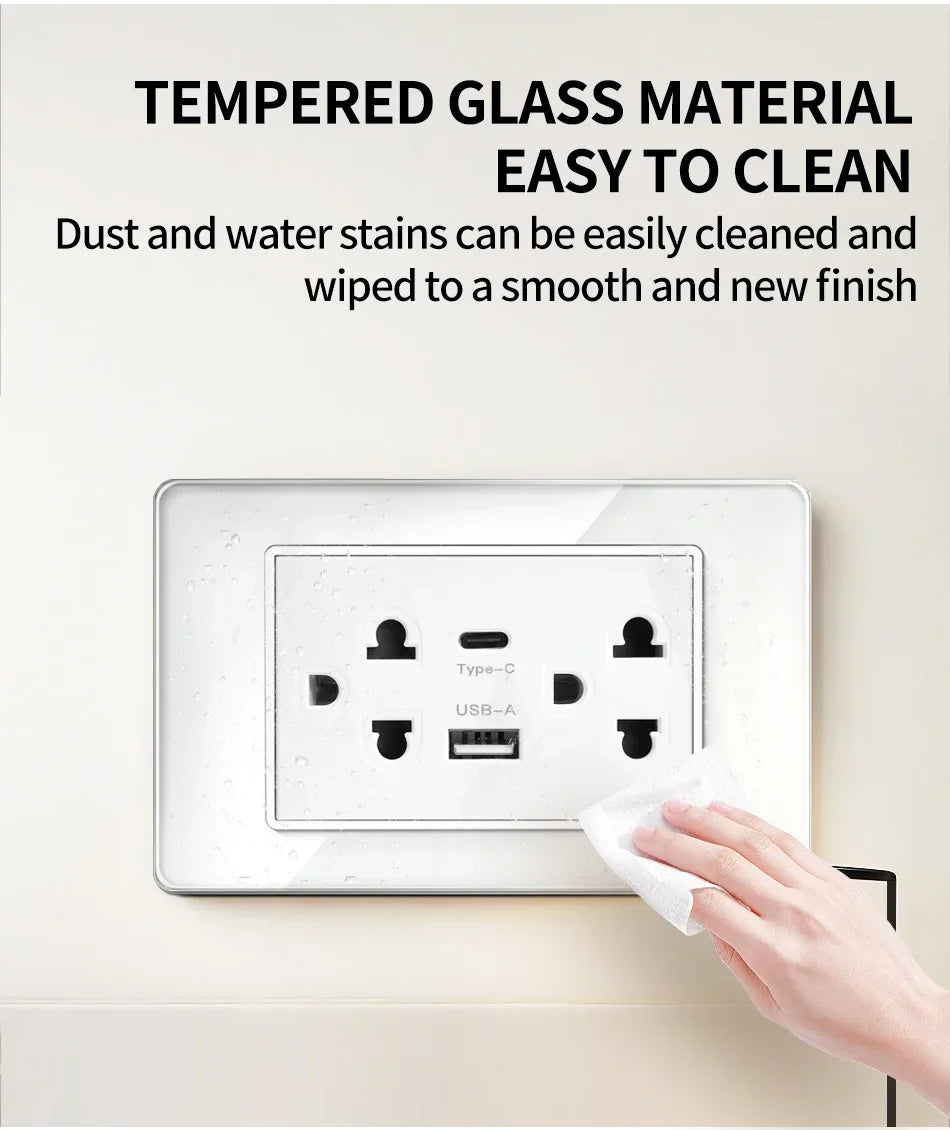 118x75mm Tempered Glass US Thai Socket Dual USB-C Ports 2 AC Outlets 110V Scratch-Resistant Panel