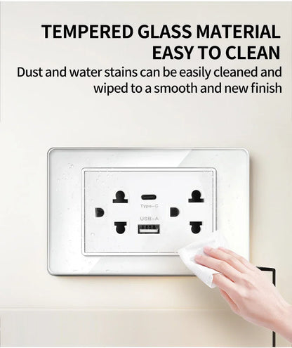 118x75mm Tempered Glass US Thai Socket Dual USB-C Ports 2 AC Outlets 110V Scratch-Resistant Panel