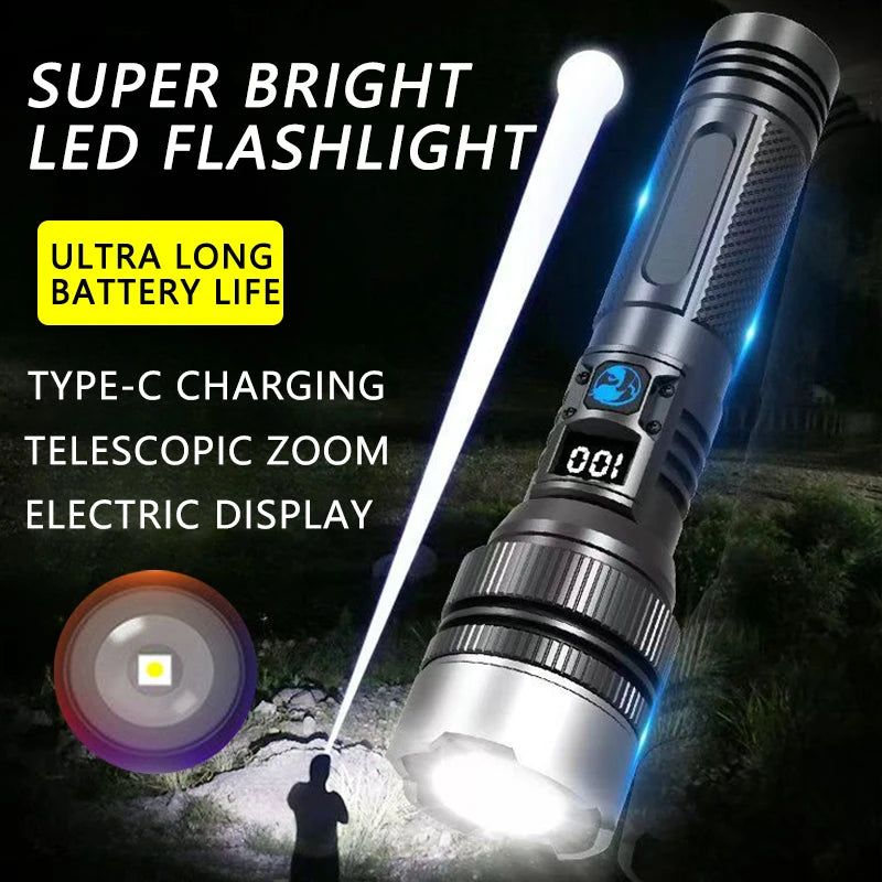 Powerful LED Flashlight Type-c Rechargeable Telescopic Zoom Torch Electric Display High Brightness Waterproof Lighting Torch
