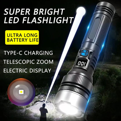 Powerful LED Flashlight Type-c Rechargeable Telescopic Zoom Torch Electric Display High Brightness Waterproof Lighting Torch