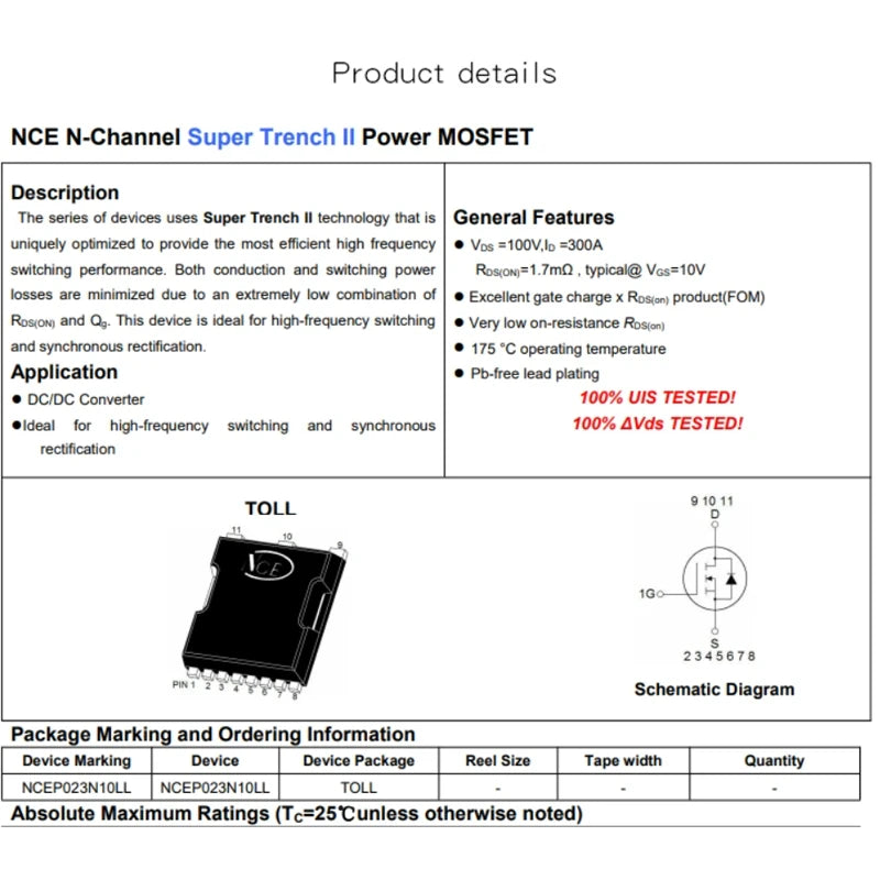 2PCS NCEP023N10LL TO-8 N-Channel 100V 300A Power MOSFET