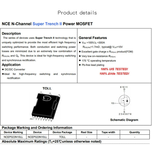 2PCS NCEP023N10LL TO-8 N-Channel 100V 300A Power MOSFET