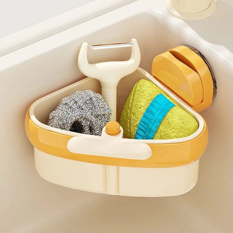 Suction Cup Sink Strainer Basket with Press-to-Dump Auto Dumping + Sponge Storage Rack | Kitchen Drain Organizer