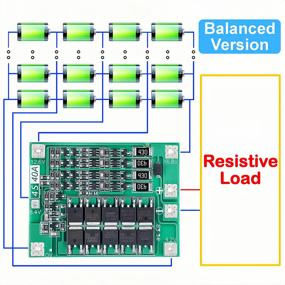 3S 4S Lithium Battery BMS Protection Board 40A 60A with Balance and Enhance Functions for Drill Motor 11.1V-16.8V Li-ion Cells