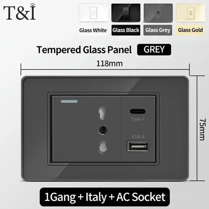 T&I Wall Switch Socket with USB-C Fast Charging Italy & Chile Schuko Outlet Tempered Glass Panel