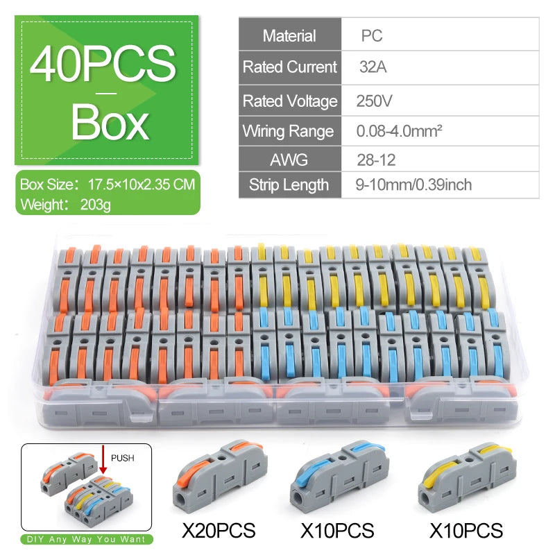 1 to 1 Inline Lever Wire Connector Kit Universal Compact Electrical Cable Terminal Block Spliceable Butt Junction Box 28-12 AWG