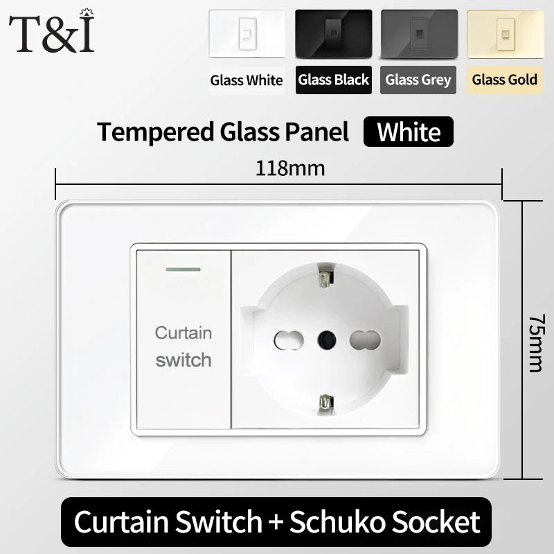 118x75mm Type-C Fast Charging Wall Socket Italy & Chile Schuko Outlet Tempered Glass Panel Type Switch