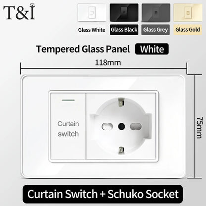 118x75mm Type-C Fast Charging Wall Socket Italy & Chile Schuko Outlet Tempered Glass Panel Type Switch