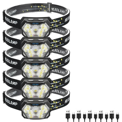 Powerful LED Sensor Headlamp USB Rechargeable Head Torch with Built-in Battery