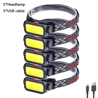 Portable COB LED Headlamp 4 Modes USB Rechargeable with Red Light