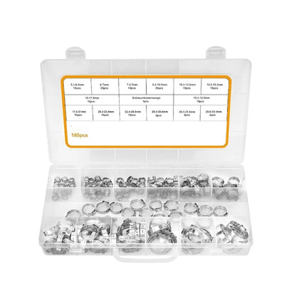 160 Pcs Single-Ear Hose Clamps Stainless Steel 304 For Hose Clamp Pliers Variety Pack 5.3-33.1 Mm Inner Diameter For Automotive
