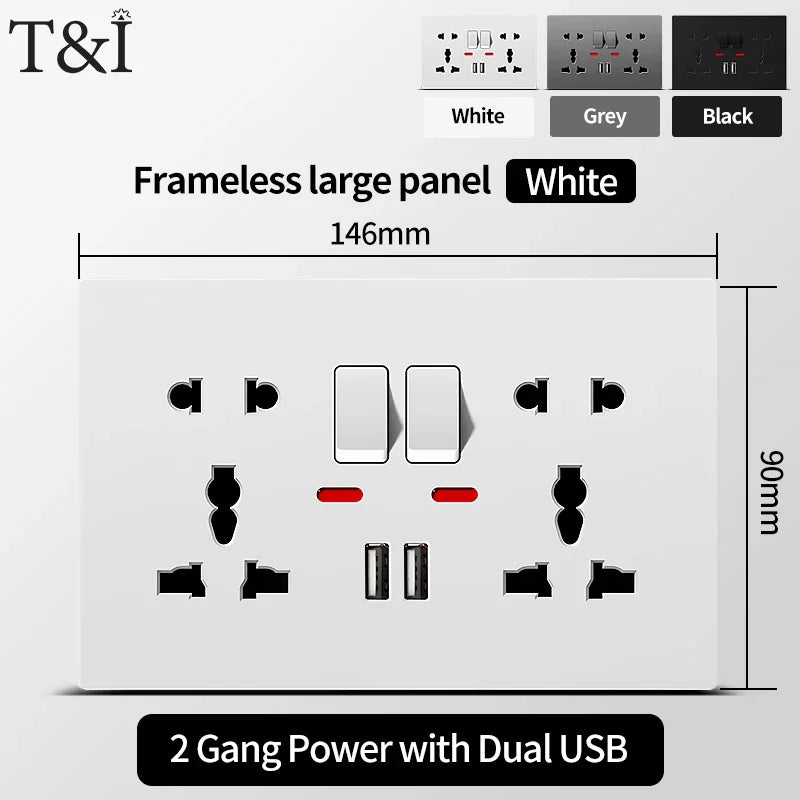 Universal Wall Socket 2-Gang Power Outlet with Switches, USB-C Charging Port, LED Indicator, Flush Mount, AC 110-250V