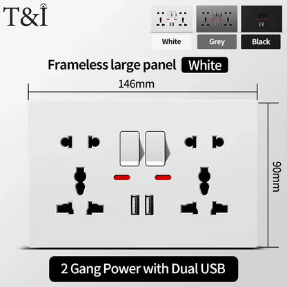 Universal Wall Socket 2-Gang Power Outlet with Switches, USB-C Charging Port, LED Indicator, Flush Mount, AC 110-250V