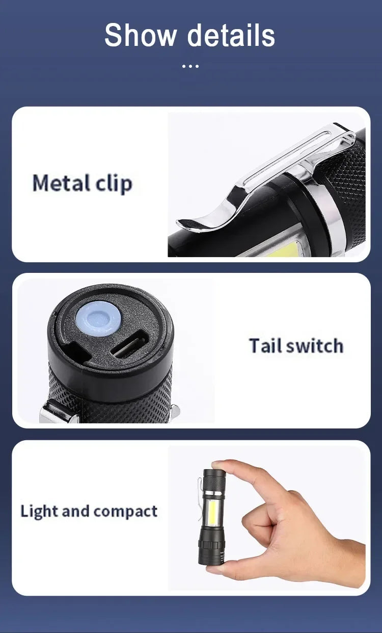 USB Rechargeable Mini Flashlight COB XPE Zoom Torch 3 Mode