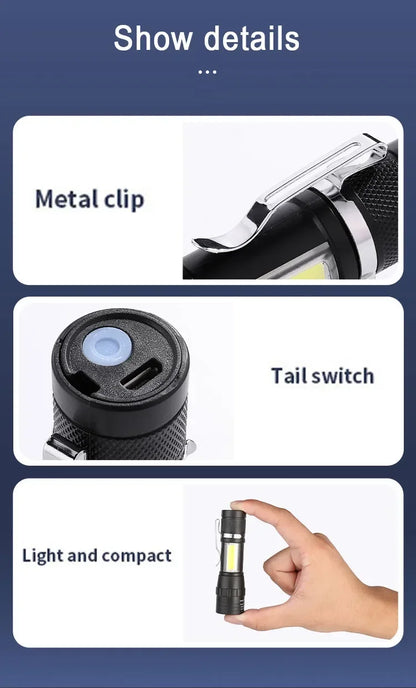 USB Rechargeable Mini Flashlight COB XPE Zoom Torch 3 Mode