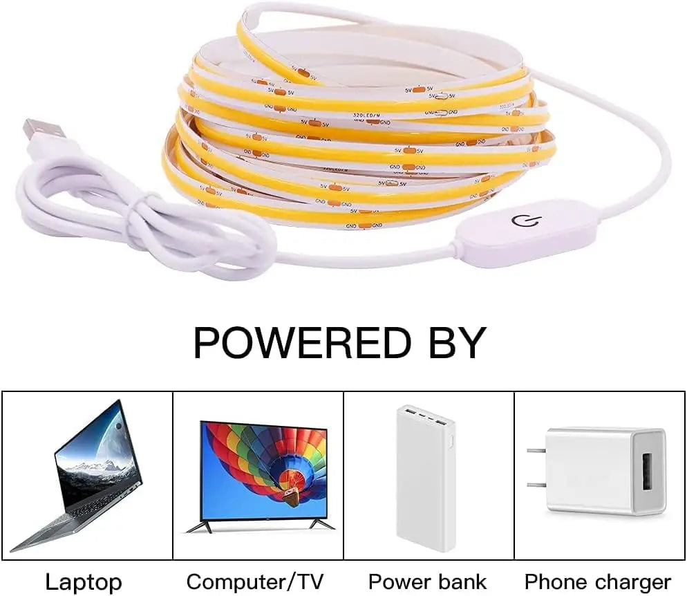 USB 5V LED Strip Light COB Touch Dimmer Control Lamp High Density RA90 Flexible Tape Lights 320Leds/m For Home Cabinet Decor