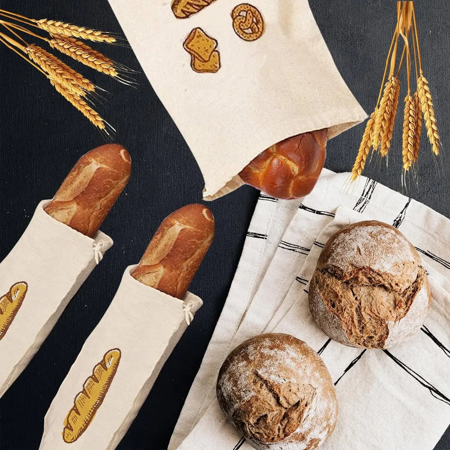 Linen Bread Bags Large Capacity Drawstring Loaf Storage Bags Washable Reusable 3/1Pcs for Pastries Baguette Organizer