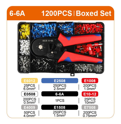 1200PCS Self Adjustable VE Tube Terminal Kits Tool Plier Set Cord End Bootlace Ferrules Wire Cable Crimper 6-4A/6-6A