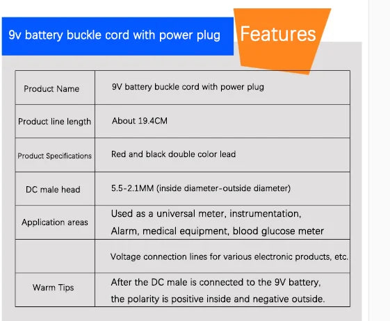 9V Battery Snap Connector with DC Lead and Square Cap