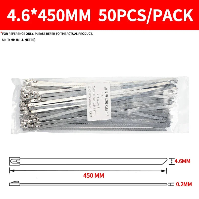 304 Stainless Steel Zip Ties Heavy-Duty Self-Locking Metal Cable Ties 4.6mm Anti-Rust Heat Resistant for Marine Outdoor
