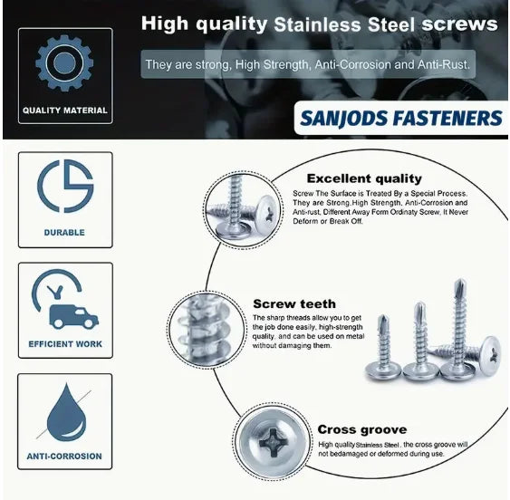 200x Stainless Steel Self-tapping Screws Round Washer Flat Head Cross Phillips Self Drilling Screw Fastener for Wood Sheet Metal