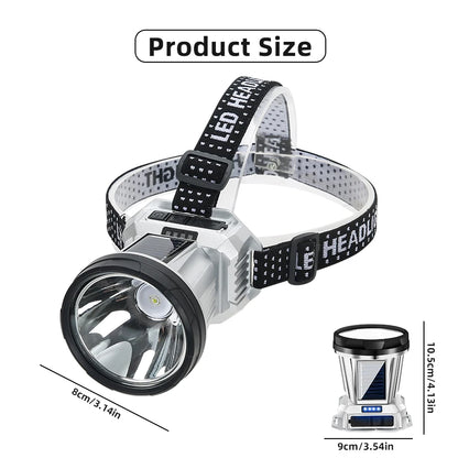 Solar LED Headlamp USB Rechargeable Super Bright Head Torch