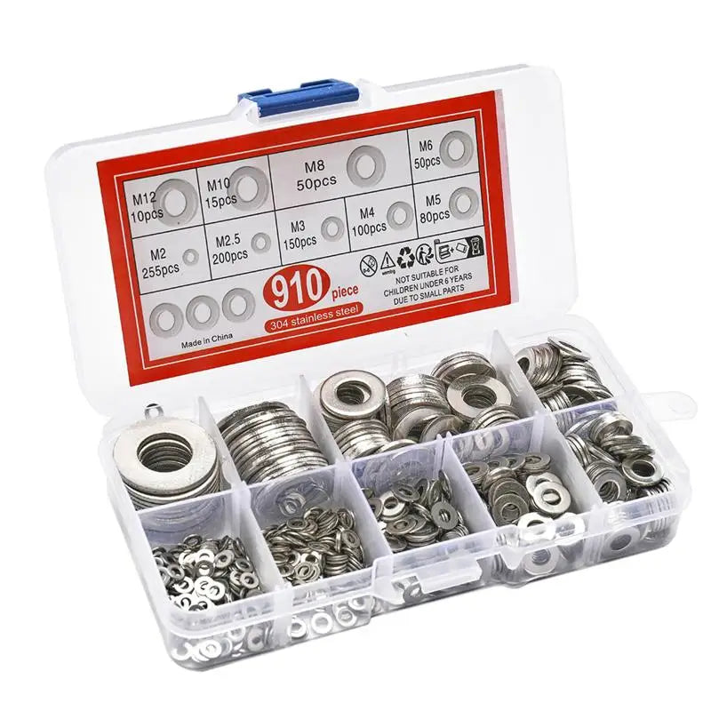 304 Stainless Steel Flat Washers Assortment Kit 910/200pcs — M2 M2.5 M3 M4 M5 M6 M8 M10 M12