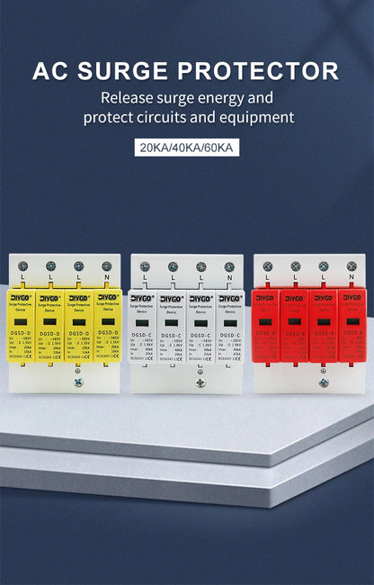 AC SPD 4P House Lightning Surge Protector 10-20KA 20-40KA 30-60KA 385V Solar PV Low-Voltage Arrester 3P+N