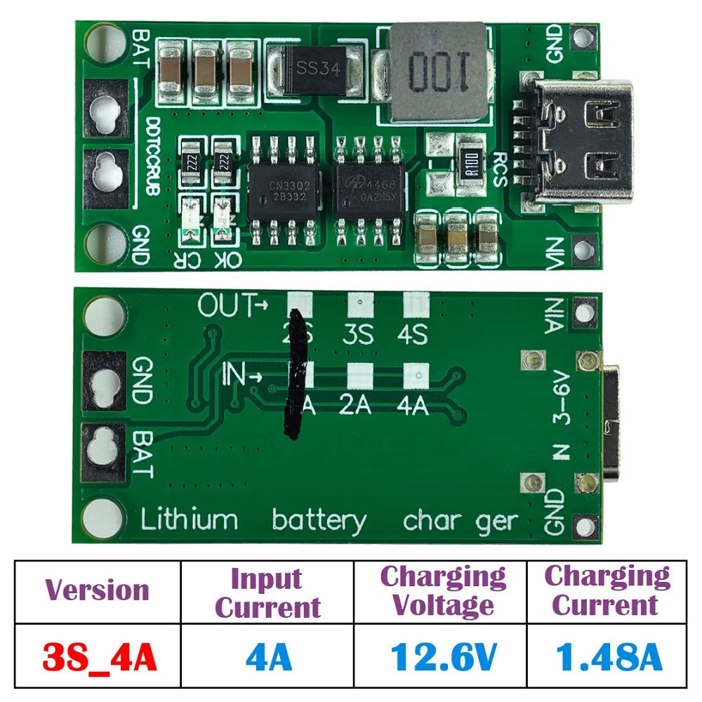 Multi-Cell 2S-4S Type-C Boost Charger Step-Up Module for 7.4V-16.8V LiPo and Li-Ion 18650 Batteries