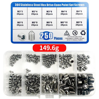 250PCS Stainless Steel Allen Head Socket Set Grub Screws Assortment — M3 M4 M5 M6 M8 Cup Point with Storage Box