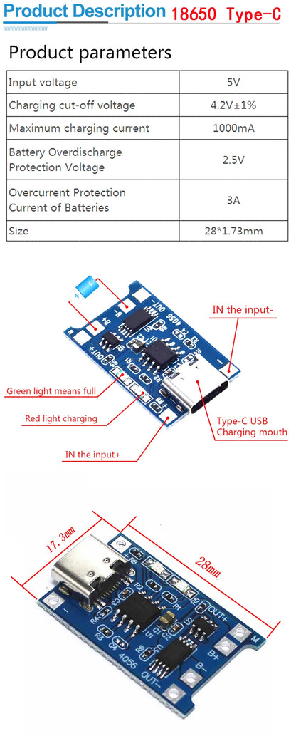 type-c/Micro USB 5V 1A 18650 TP4056 Lithium Battery Charger Module Charging Board With Protection Dual Functions 1A Li-ion