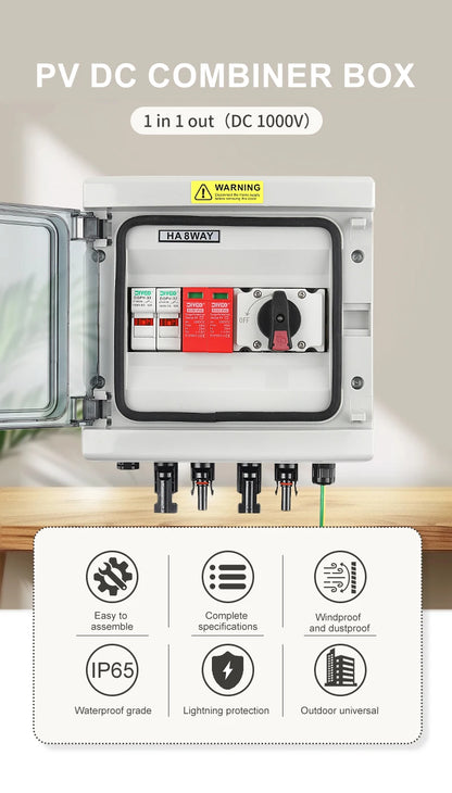DC 1000V 1 In 1 Out Isolation Switch SPD Fuse, Lightning Protection PV Combiner Box, Solar Photovoltaic Waterproof Dustproof Case