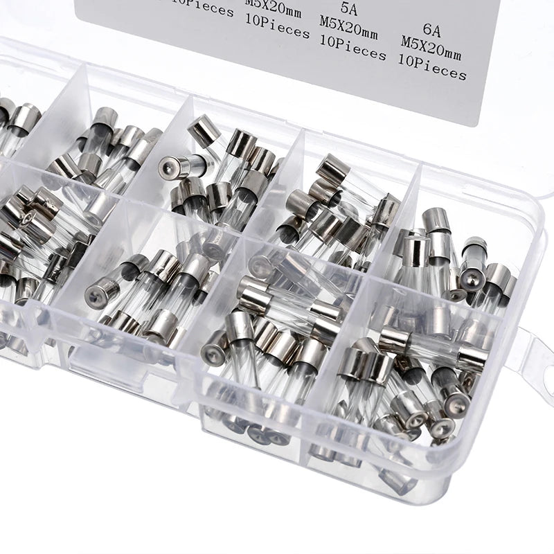 100pcs Insurance Tube Glass Fuses Kit Household 0.2A-20A 100pcs 16*12*2.1cm 250V High Quality Standard Fast Blow