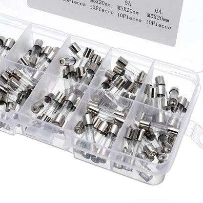 100pcs Insurance Tube Glass Fuses Kit Household 0.2A-20A 100pcs 16*12*2.1cm 250V High Quality Standard Fast Blow