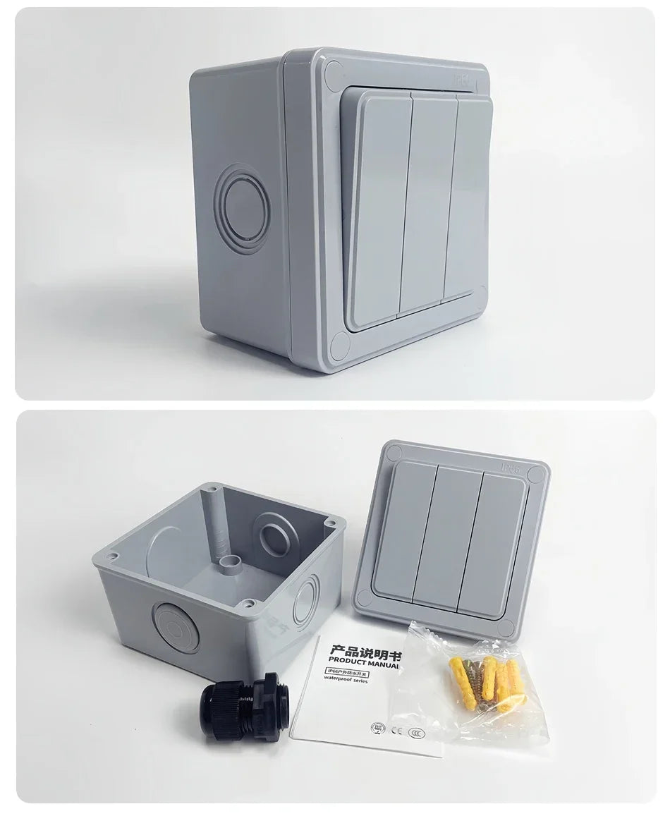 IP66 Outdoor Wall Switch 16A Weatherproof Push Button 1/2/3 Gang Electrical for Garden Patio Exterior Use