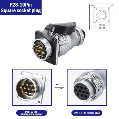 P28 Aviation Connector Square Flange Socket Male Female Circular Butt Joint 2/3/4/5/7/10/12/14/16/19/20/24 Pin P28K2Q PLS28